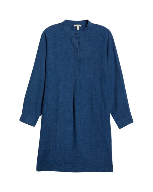 Eileen Fisher Blue Band Collar Long Sleeve Organic Linen Shirtdress
