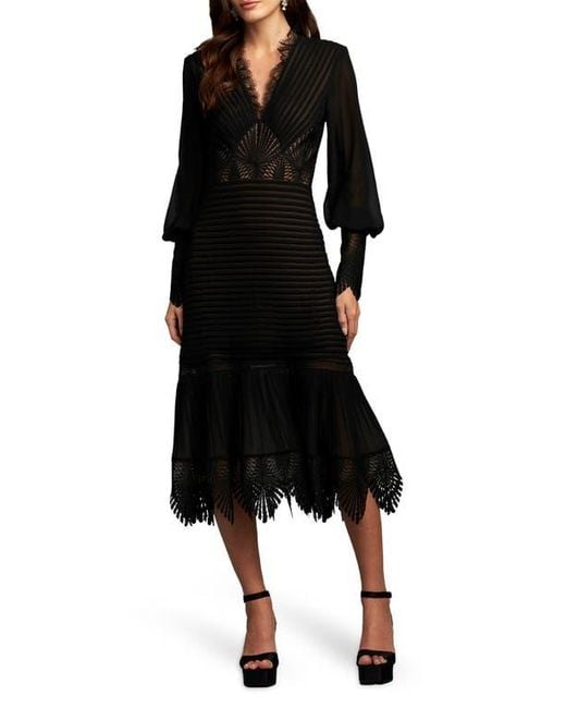 Tadashi Shoji Ribbed Lace Trim Long Sleeve Midi Cocktail Dress in Black |  Lyst