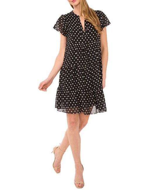 Cece Black Embroidered Floral Flutter Sleeve Tiered Minidress