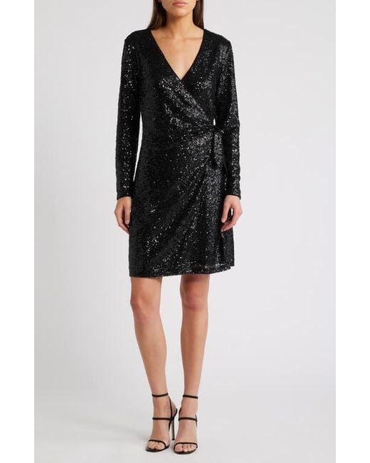 Chelsea28 Black Long Sleeve Sequin Wrap Minidress