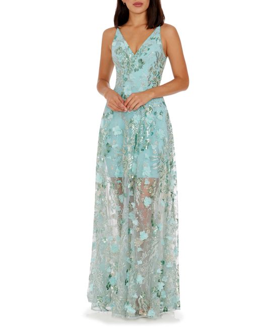 Dress the Population Blue Sidney Beaded Floral Appliqué Gown