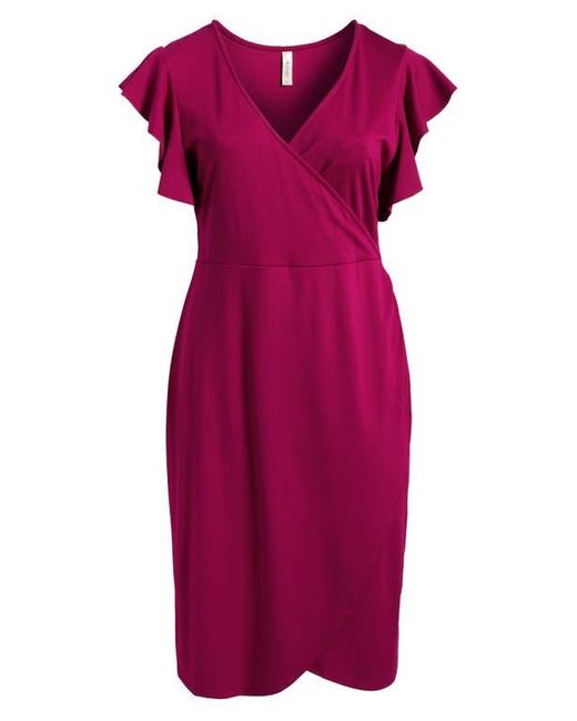 24seven Comfort Apparel Pink Ruffle Sleeve Stretch Faux Wrap Dress