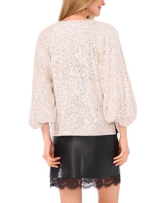 Vince Camuto White Sequin Balloon Sleeve Top