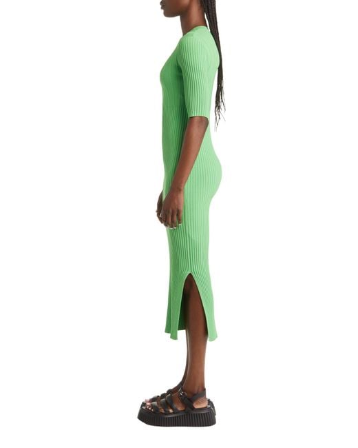 FRAME Green Mixed Rib Midi Sweater Dress