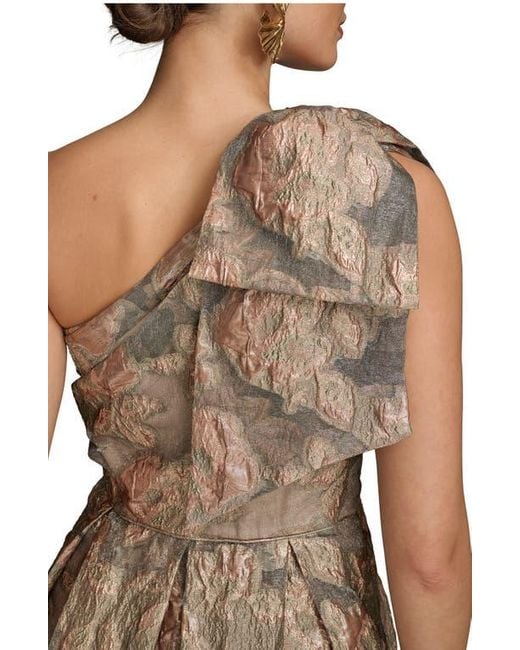 Donna Karan Brown One-Shoulder Metallic Jacquard Gown