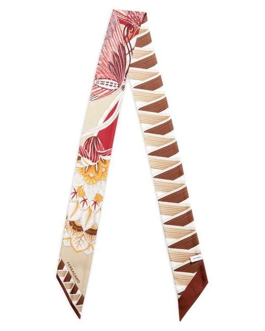 Ferragamo White Giada Print Skinny Silk Scarf