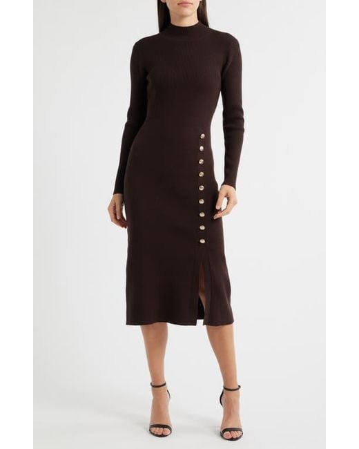 Tahari Black The Chaya Button Detail Long Sleeve Sweater Dress