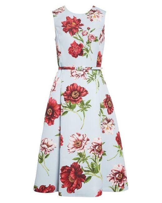Oscar de la Renta White Peony Print Sleeveless Faille Fit & Flare Dress