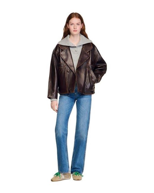 Sandro Black Oversized Leather Jacket