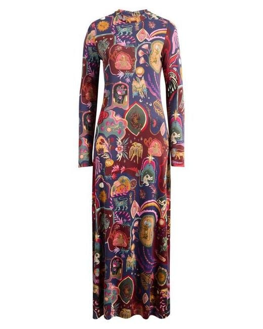 Farm Rio Red Artsy Surreal Long Sleeve Floral Jersey Dress