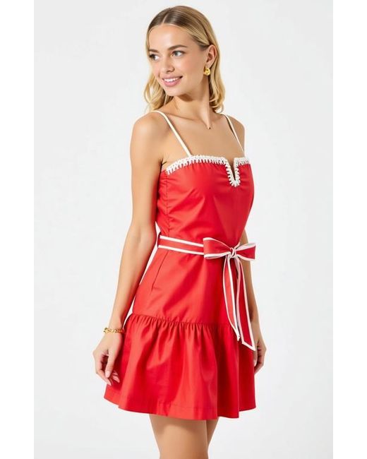 Modenaire Red Spaghetti-Strap Crochet-Trim Tie-Waist Mini Dress