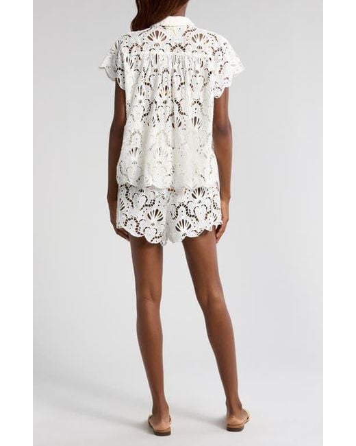 【Farm Rio】 Seashellレースコットンシャツ FARM Rio Seashell Embroidered Eyelet Cotton Button-Up Shirt