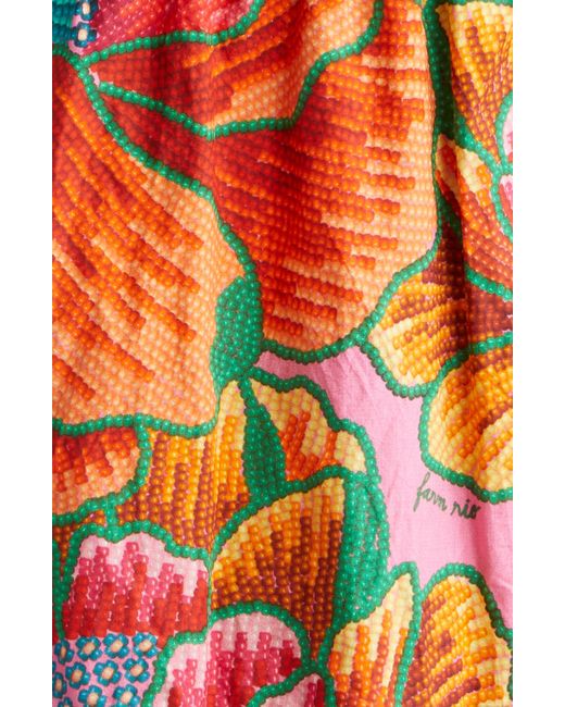 Farm Rio Orange Beaded Floral Tiered Cotton Midi Dress