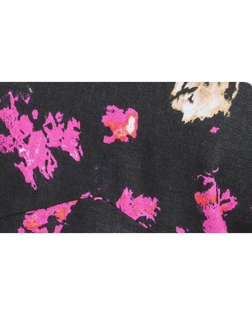 DKNY Black Abstract Print Puff Sleeve Linen Blend Top