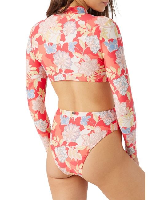 O'neill Sportswear Red Antayla Floral Dana Point Surf Cutout Rashguard One-piece Swimsuit