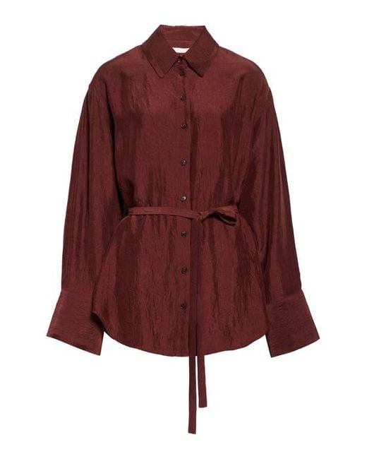 Jason Wu Red Oversize Belted Crinkled Satin Button-Up Top