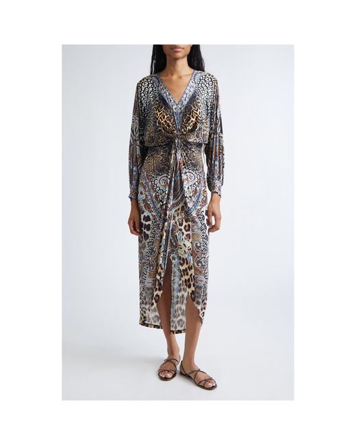 Camilla Multicolor Twist Front Long Sleeve Jersey Midi Dress