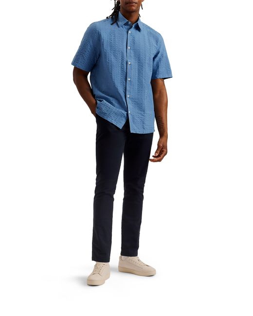 Ted Baker Blue Verdon Relaxed Fit Solid Short Sleeve Cotton Seersucker Button-up Shirt for men