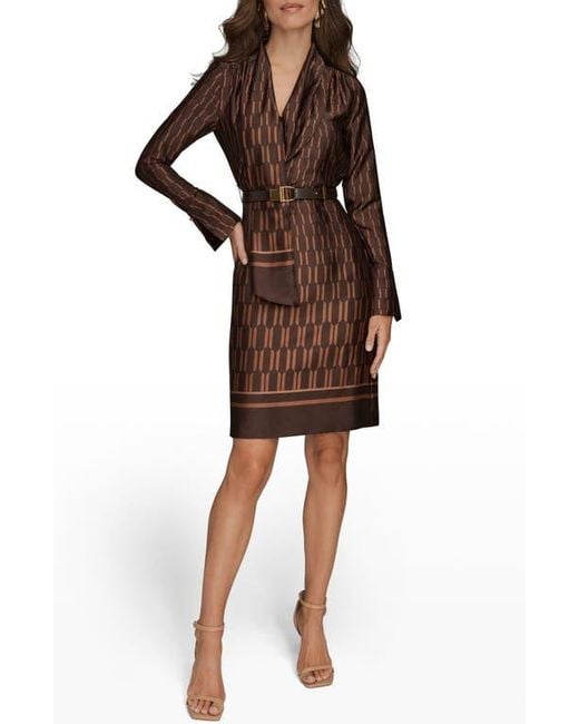 Donna Karan Brown Geo Print Long Sleeve Satin Dress