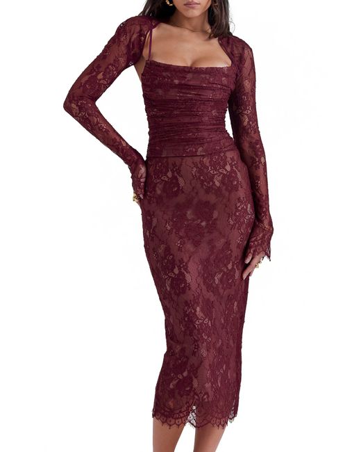 House Of Cb Red Gaia Long Sleeve Lace Body-con Dress