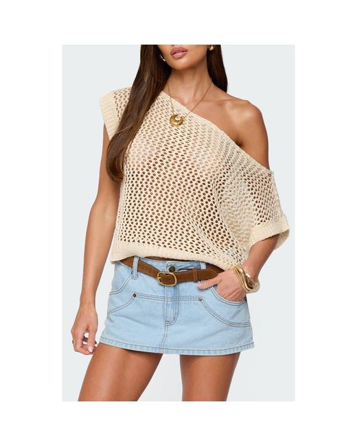 Edikted Blue Open Stitch One-Shoulder Sweater