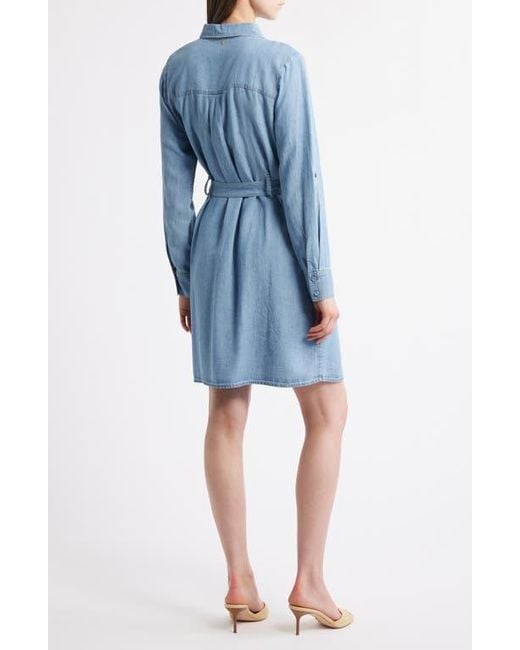 Kobi Halperin Blue Tie Waist Button Front Long Sleeve Chambray Dress