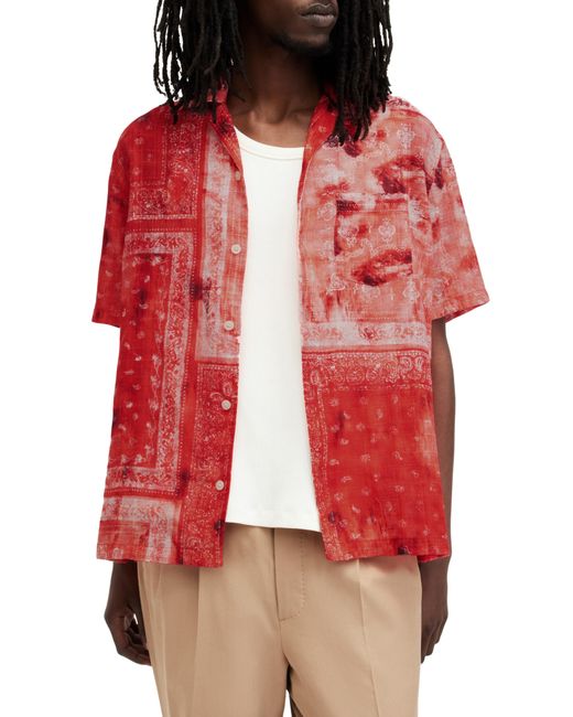 AllSaints Red Tijuana Bandana Print Short Sleeve Cotton Button-up Shirt for men
