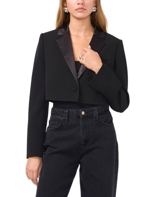 1.STATE Black Satin Lapel Crop Tuxedo Blazer