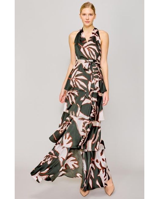 MELLODAY White Printed Tiered Faux Wrap Maxi Cocktail Dress