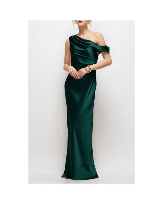 After Six Draped One-Shoulder Satin Charmeuse Gown in Green | Lyst