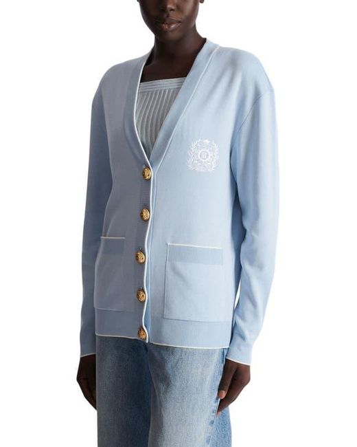 Balmain Blue Emblème-Embroidered Knit Cardigan