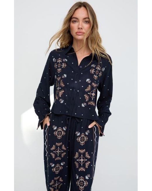 Raffya Blue Anai Half Placket Embroidered Blouse