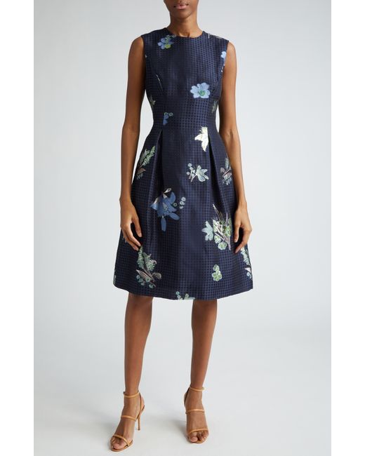 Lela Rose Blue Betsy Metallic Floral & Gingham Jacquard Dress