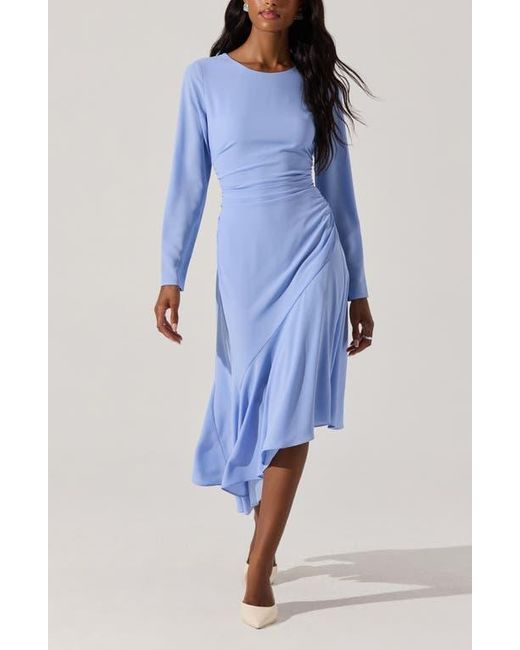 Astr Blue Long Sleeve Asymmetric Hem Midi Dress