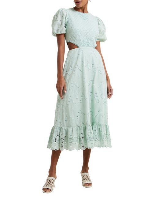 French Connection Green Esse Eyelet Embroidered Cutout Cotton Dress