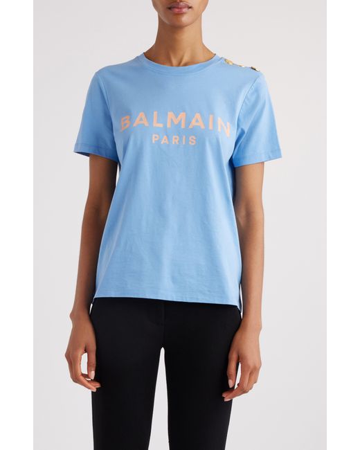 Balmain Blue Button Shoulder Cotton Logo Graphic T-shirt