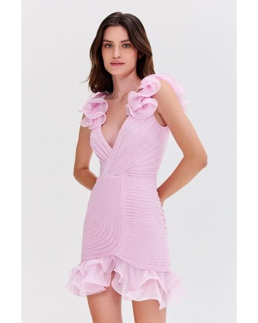 PATBO Women's Pink Silk Plisse Flutter Mini Dress