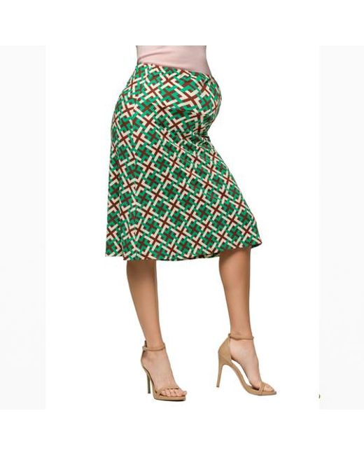 24seven Comfort Apparel Green Maternity Geometric Print Elastic Waist Knee Length Skirt