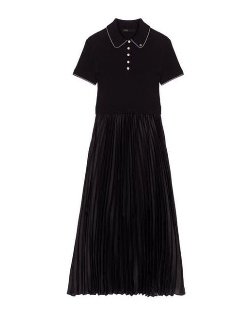 Maje Black Pleated Maxi Dress With Polo Collar