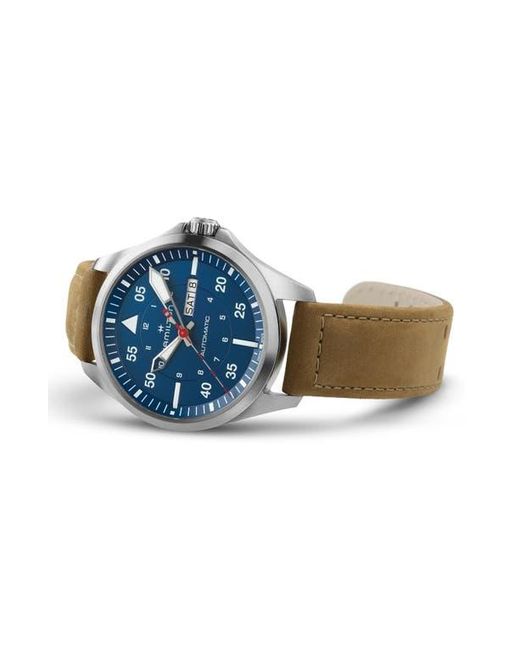 Hamilton Blue Khaki Aviation Pilot Automatic Leather Strap Watch, 42Mm for men