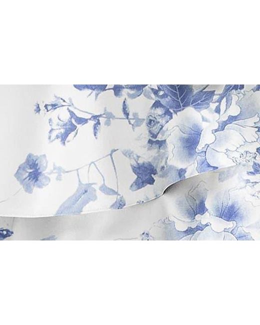 Dessy Collection Blue Floral Print Ruffle Sleeveless Satin Midi Dress