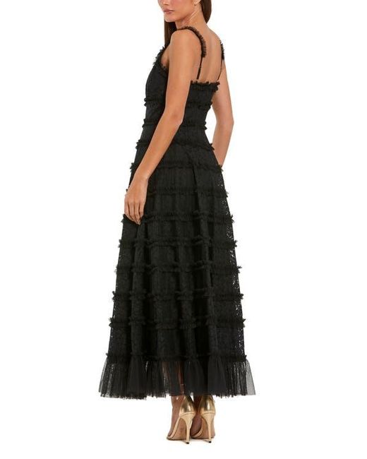 Mac Duggal Black Sleeveless Lace A-Line Midi Dress With Ruffles