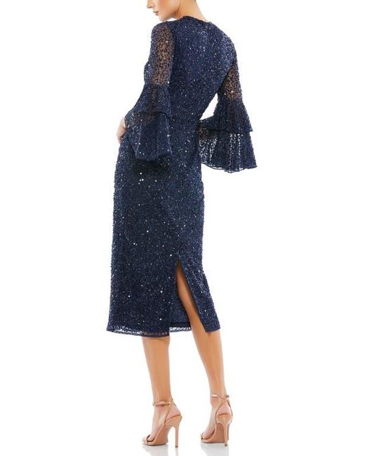 Mac Duggal Blue Fully Sequined Ruffle Tiered 3/4 Sleeve Midi Dress