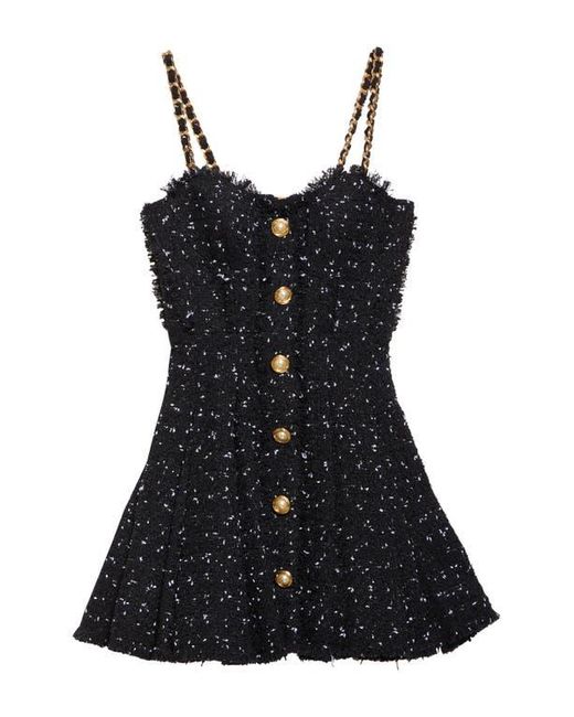 Balmain Black Chain Strap Polka Dot Tweed Fit & Flare Dress