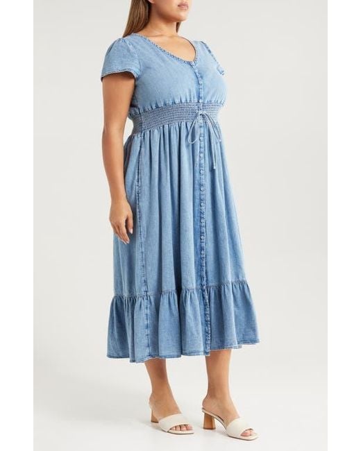 Treasure & Bond Blue Smocked Waist Chambray Midi Dress