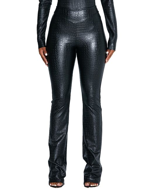 Naked Wardrobe Black Croc Embossed Faux Leather Bootcut Pants
