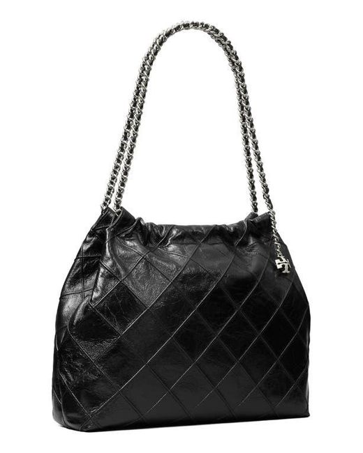 Tory Burch Black Fleming Distressed Quilted Leather Hobo Bag