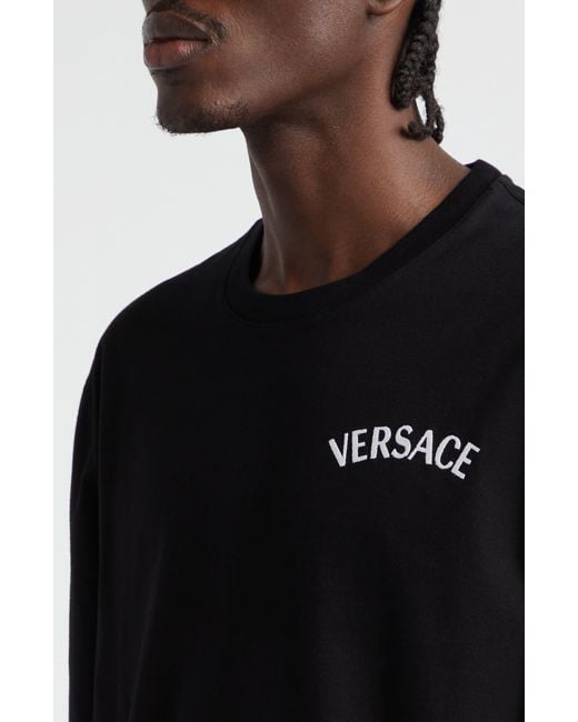 Versace Black Milano Stamp Embroidered Cotton T-shirt for men