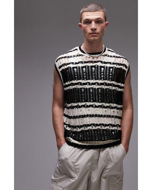 Topman Gray Distressed Stripe Crewneck Sweater Vest for men