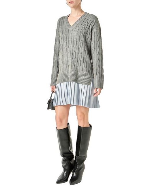 English Factory Gray Long Sleeve Pleated Mixed Media Sweater Dress